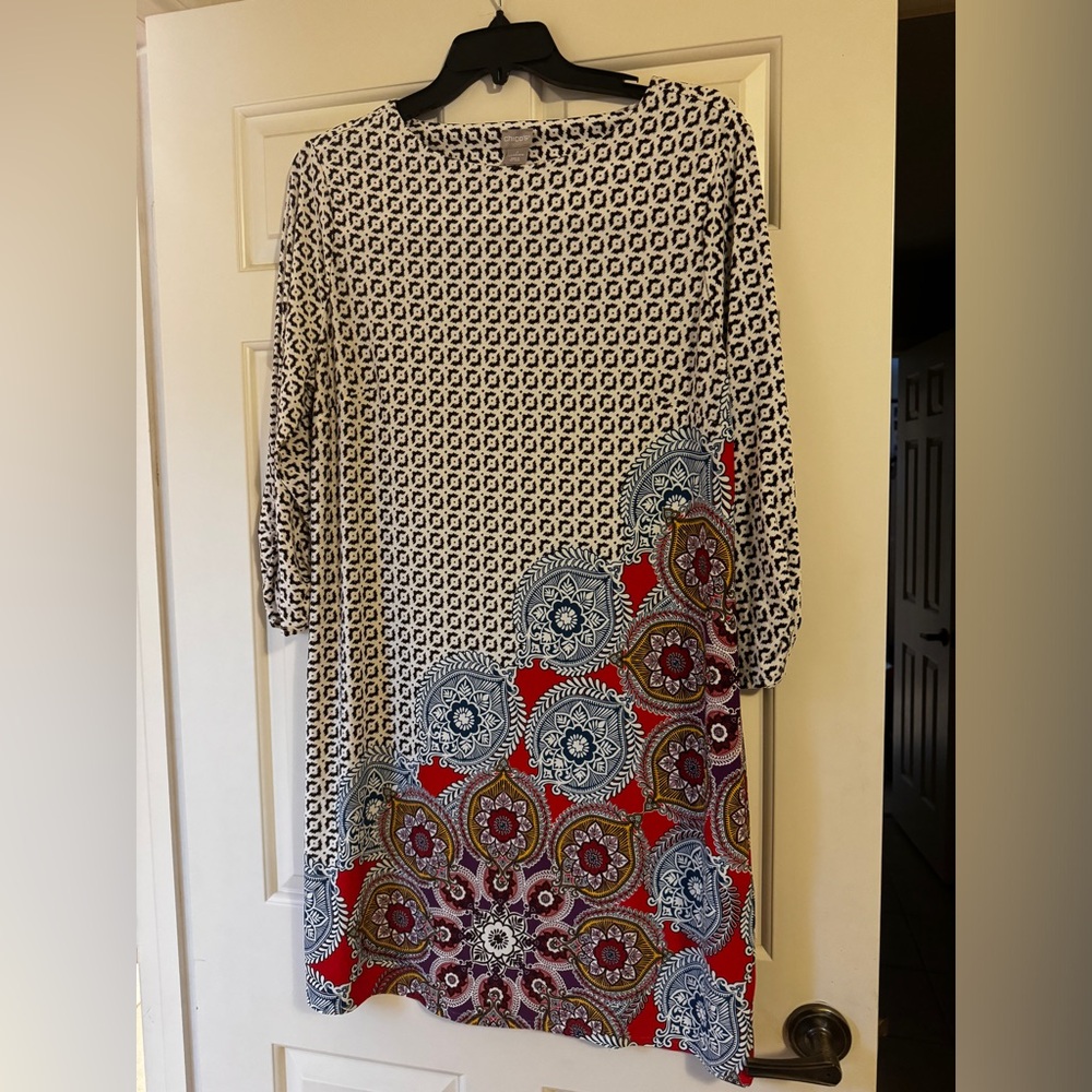 Chico’s 3/4 sleeve shirt dress floral pattern sz 3(16) red/blue/brown/offwhite